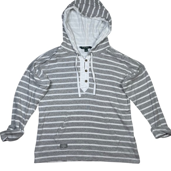 Lauren Ralph Lauren Striped Hoodie Pullover Henley Pocket Gray White Size S - Picture 2 of 11